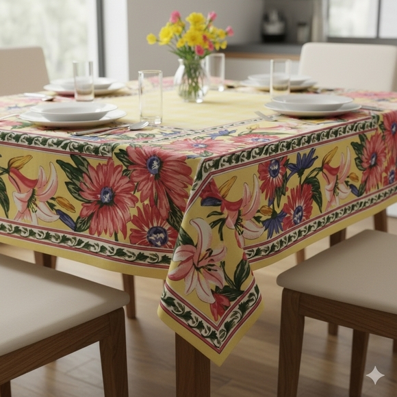 Williams Sonoma Spring Bouquet Yellow Tablecloth 70" x 90" Lily Daisies - Picture 1 of 6